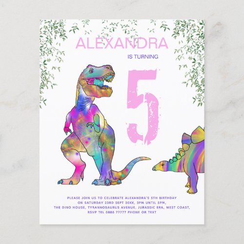 Dinosaur Birthday Party pink Budget Invitation Flyer