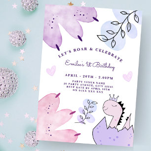 Dinosaur Birthday Party Pink Purple Invitation