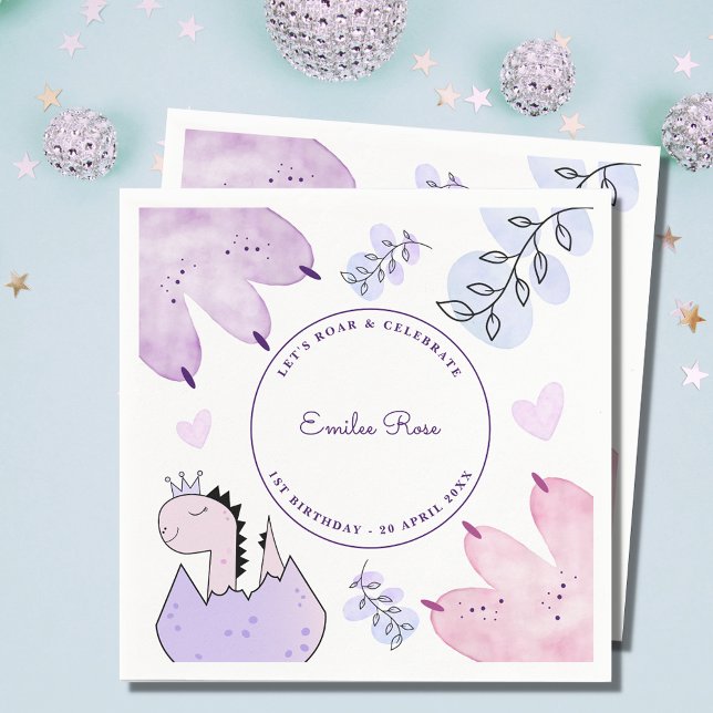 Dinosaur Birthday Party Pink Purple Napkins (Creator Uploaded)