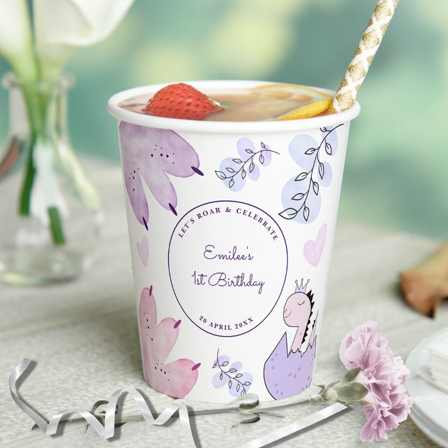 Dinosaur Birthday Party Pink Purple Paper Cups (Creator Uploaded)