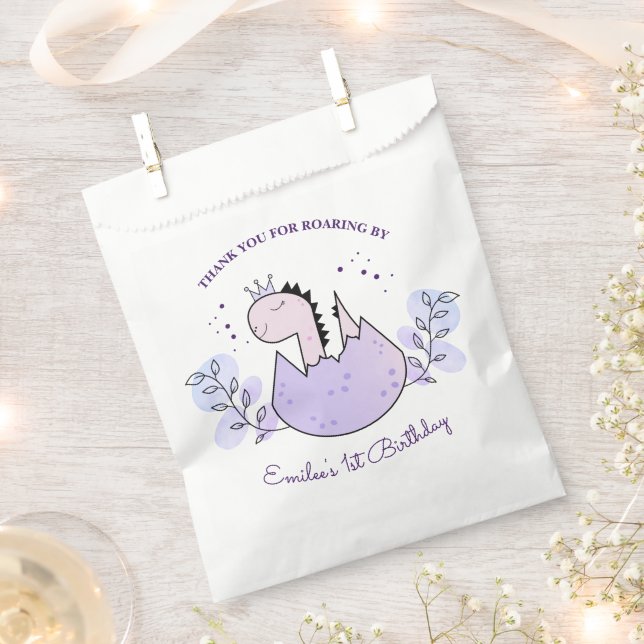 Dinosaur Birthday Party Pink Purple Thank You Favor Bag (Clipped)