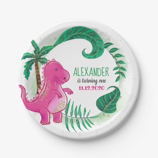 Dinosaur Birthday Party Pink Trex Dino Paper Plate