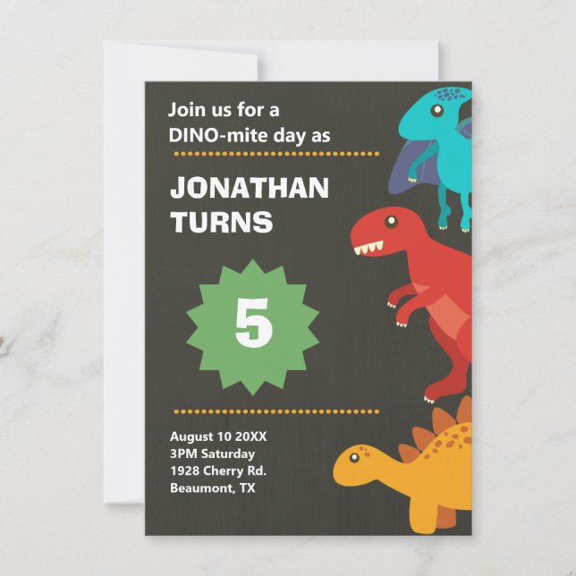Dinosaur birthday party pun  invitation (Front)