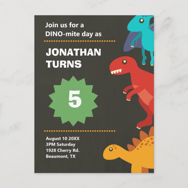 Dinosaur birthday party pun  invitation postcard (Front)