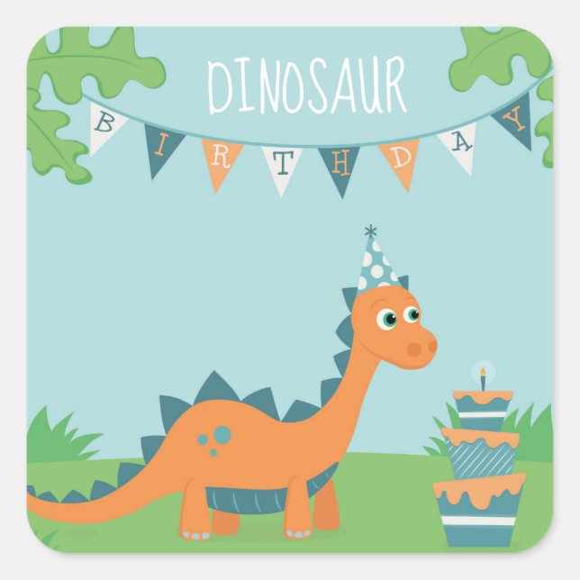 Dinosaur birthday party square sticker (Front)