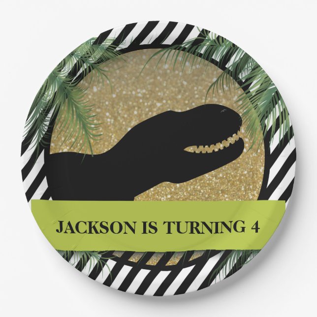 Dinosaur Birthday Party Striped Paper Plates (Front)