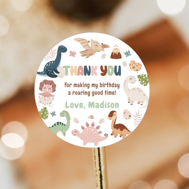 Dinosaur Birthday Party Thank You Classic Round Sticker (Creator Uploaded)