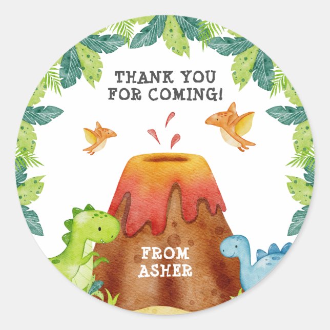 Dinosaur Birthday Party Thank You Classic Round Sticker (Front)