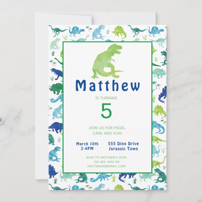 Dinosaur Birthday Party Watercolor Kids Invitation (Front)