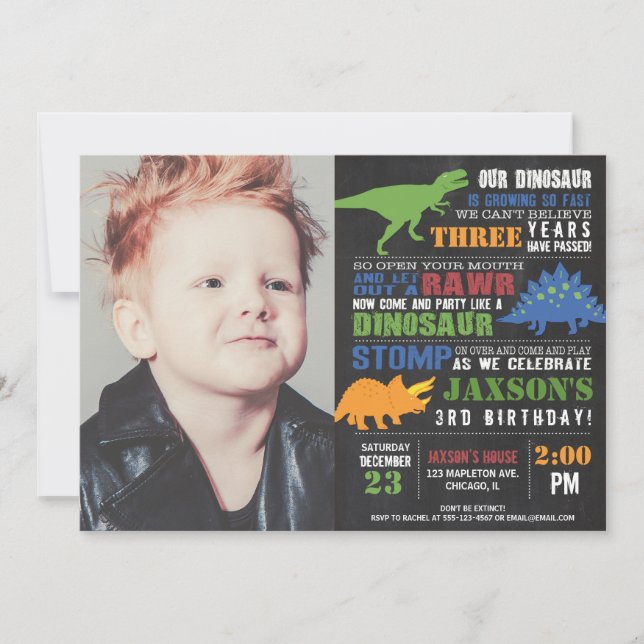 Dinosaur birthday photo chalkboard rawr roar boy invitation (Front)