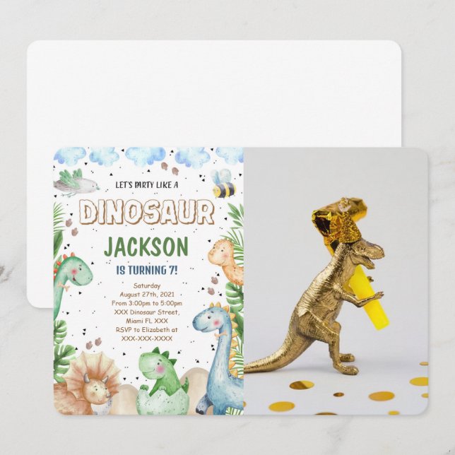 Dinosaur Birthday Photo Invitation (Front/Back)