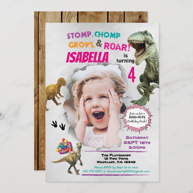 Dinosaur birthday photo invitation for girl (Front/Back)