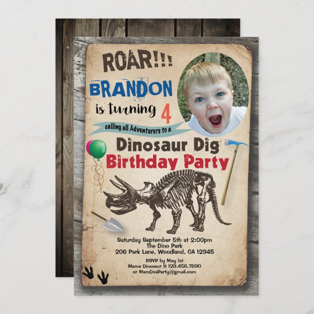 Dinosaur birthday photo invitation realistic (Front/Back)
