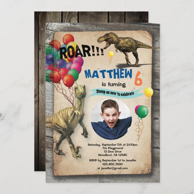 Dinosaur birthday photo invitation rustic (Front/Back)
