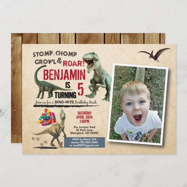 Dinosaur birthday photo invitation rustic (Front/Back)