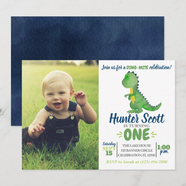 Dinosaur Birthday Photo Invitation - T-Rex Invite (Front/Back)