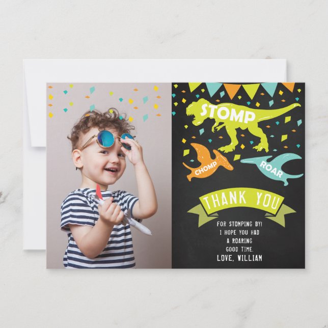 Dinosaur Birthday Photo Thank You Card (Front)