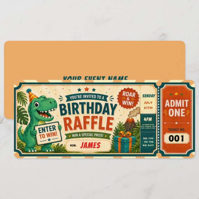  Dinosaur Birthday Raffle Ticket Invitation (Front/Back)