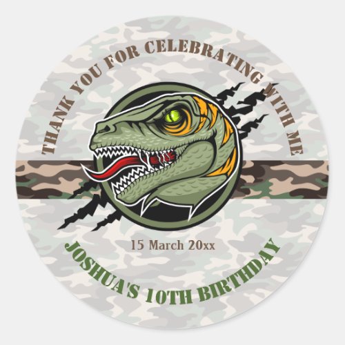 Dinosaur birthday raptor army camouflage scratch  classic round sticker