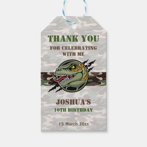 Dinosaur birthday raptor army camouflage scratch gift tags