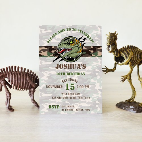 Dinosaur birthday raptor army camouflage scratch invitation