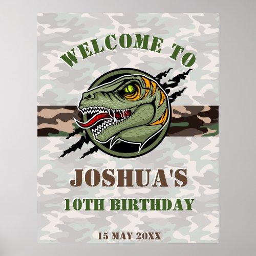 Dinosaur birthday raptor army camouflage scratch  poster