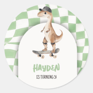 Dinosaur Birthday Retro T Rex Checkered Classic Round Sticker
