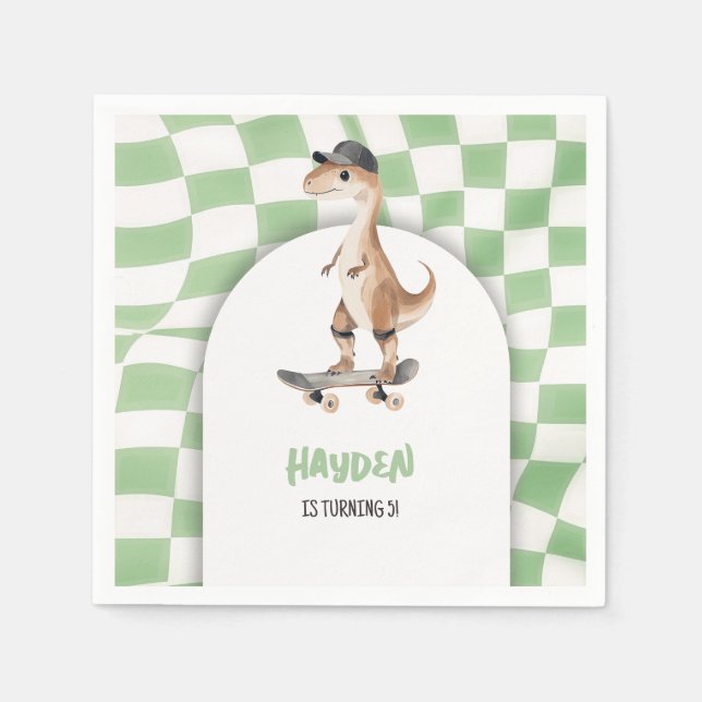 Dinosaur Birthday Retro T Rex Checkered Napkins (Front)