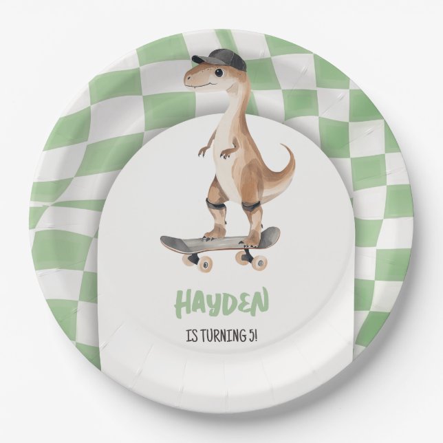 Dinosaur Birthday Retro T Rex Checkered Paper Plates (Front)