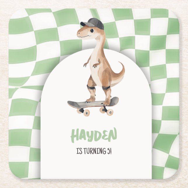 Dinosaur Birthday Retro T Rex Checkered Square Paper Coaster (Front)