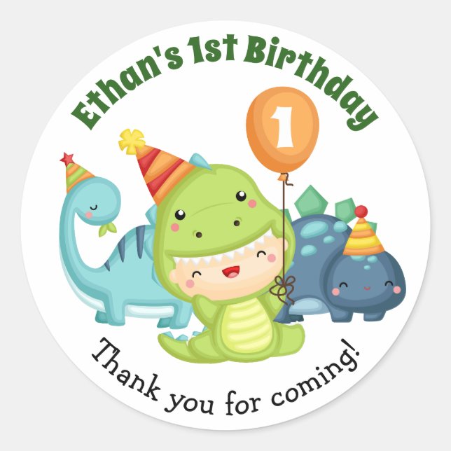 Dinosaur Birthday Stickers - 1st Birthday Favor (Front)