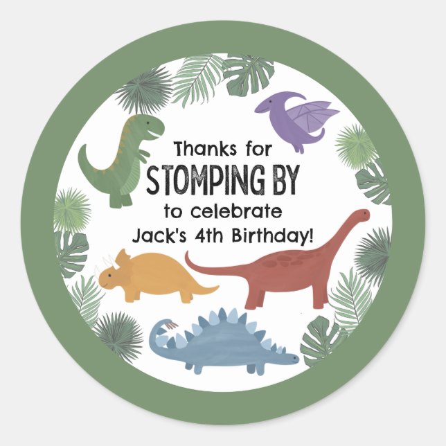 Dinosaur Birthday Stickers for Favors or Envelopes (Front)