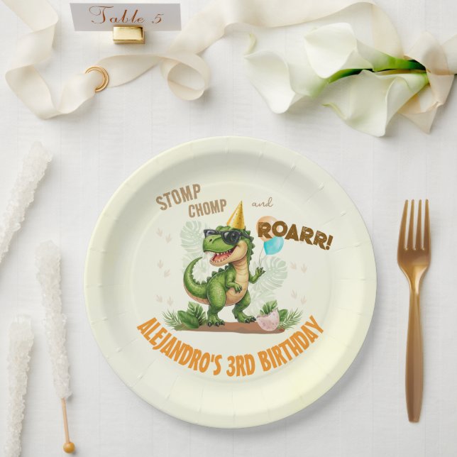 Dinosaur Birthday - Stomp Chomp Roar T-Rex Birthda Paper Plates (Wedding)
