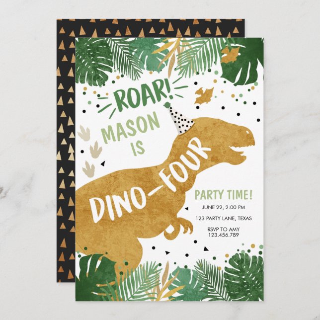 Dinosaur Birthday T-Rex Boy Four Dino Birthday Invitation (Front/Back)