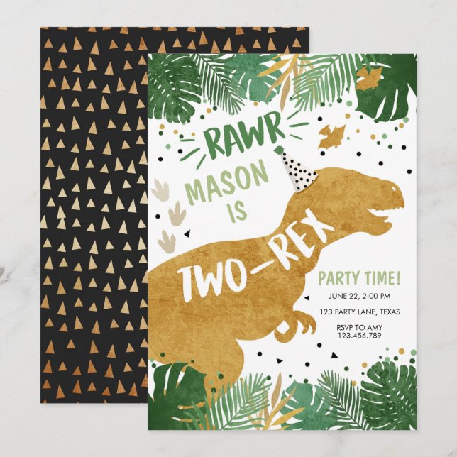 Dinosaur Birthday T-Rex Boy Two Dino 2nd Birthday Invitation (Front/Back)