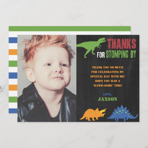 Dinosaur birthday thank you card with photo
