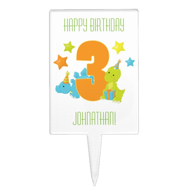 Dinosaur Birthday - Third (3rd) Birthday Cake Topper (Front)