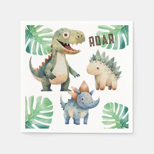Dinosaur Birthday Watercolor Paper Napkin