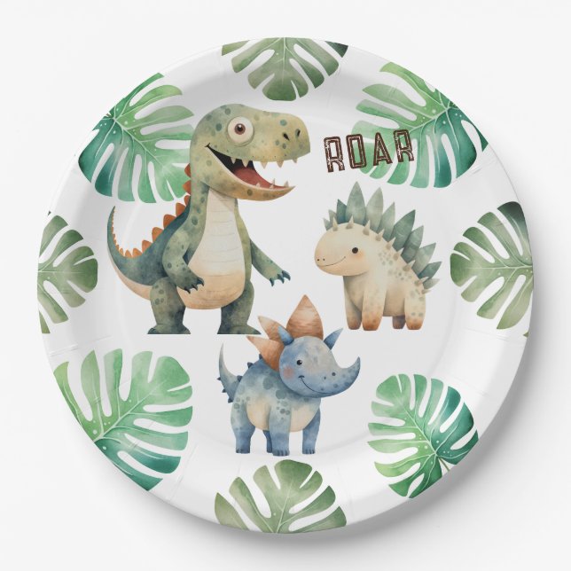 Dinosaur Birthday Watercolor Paper Plates (Front)