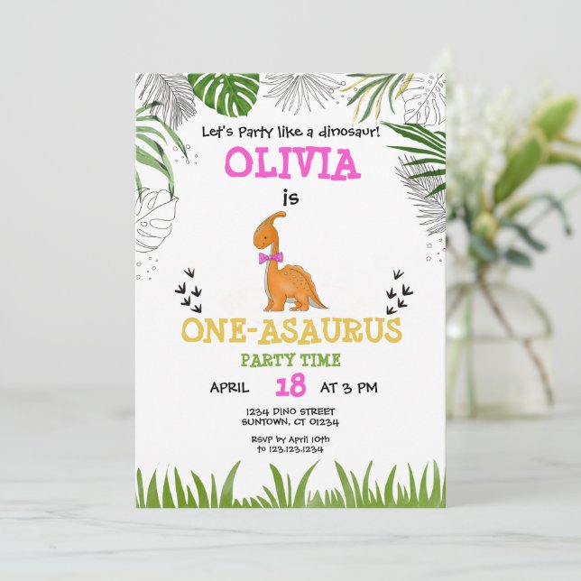 Dinosaur Birthday watercolor pink orange green  Invitation (Standing Front)