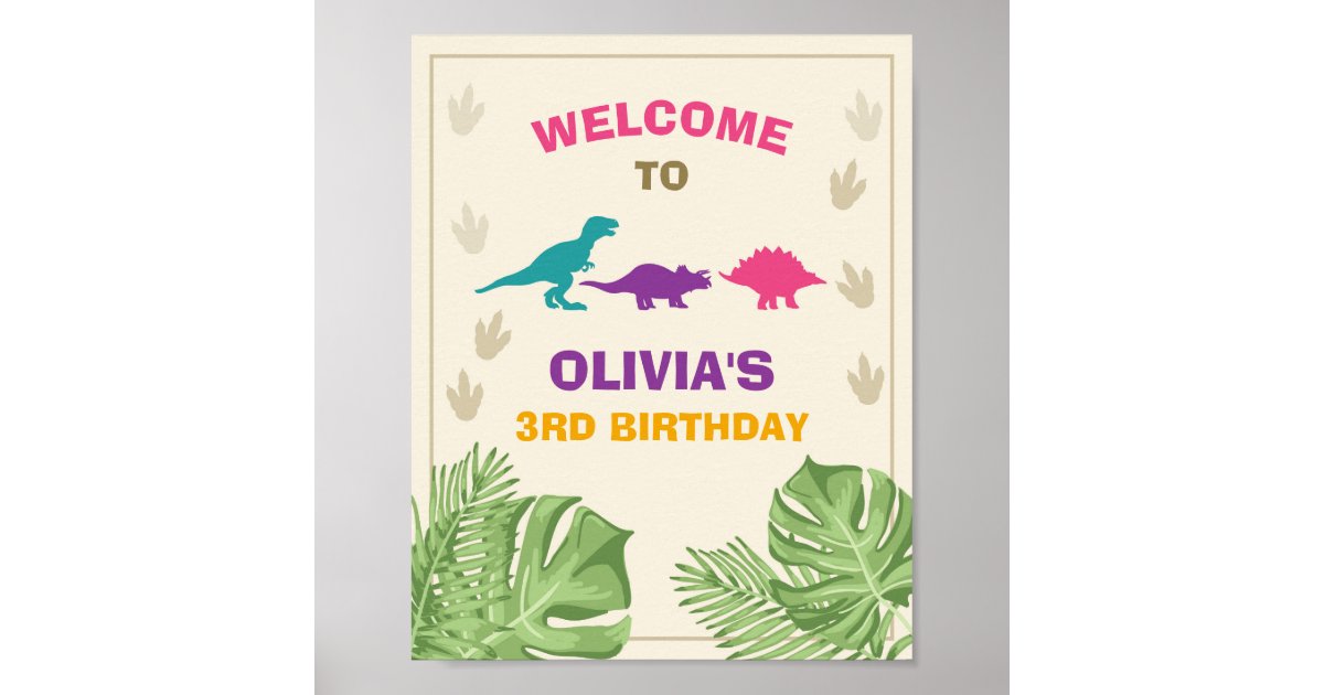 Dinosaur Birthday Welcome Sign Girl Leaves Party | Zazzle