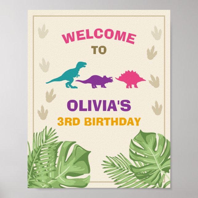Dinosaur Birthday Welcome Sign Girl Leaves Party (Front)