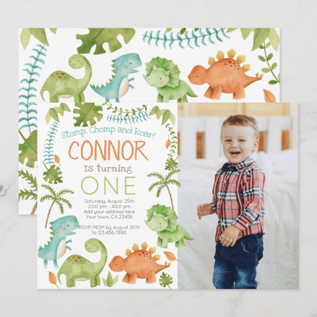 Dinosaur birthday with Photo Invitation (Front/Back)