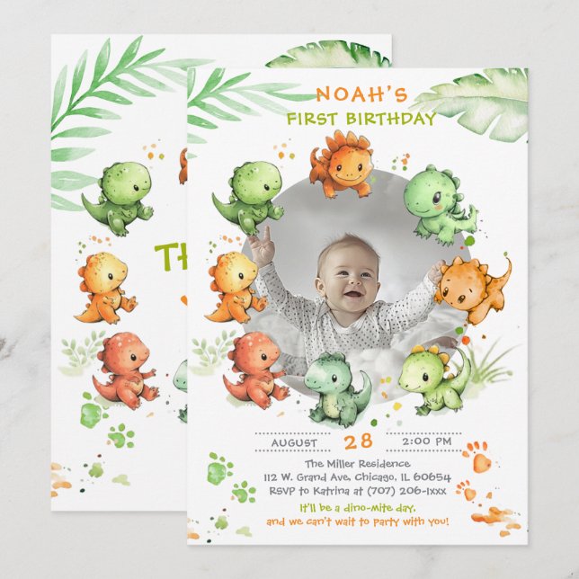 Dinosaur Birthday  With Photo Option Invitation (Front/Back)