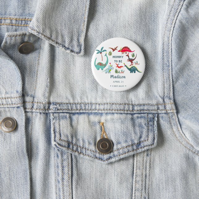 Dinosaur blue baby shower mommy to be party button (In Situ)