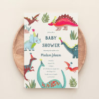 Dinosaur blue baby shower party invitation