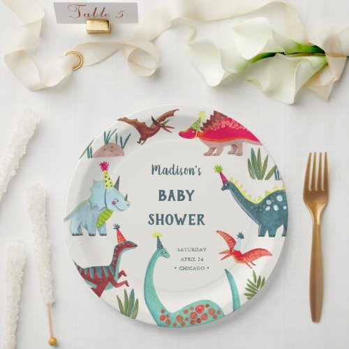 Dinosaur blue baby shower party paper plates