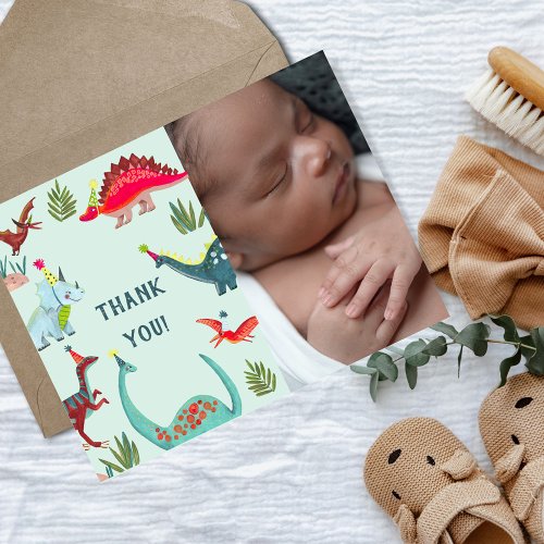 Dinosaur blue boy babyshower photo thank you card