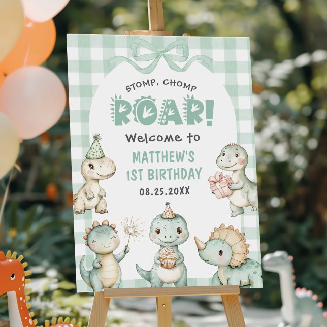 Dinosaur Blue Gingham 1st Birthday Party Foam Board (Creator Uploaded)