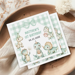 Dinosaur Blue Gingham 1st Birthday Party Napkins